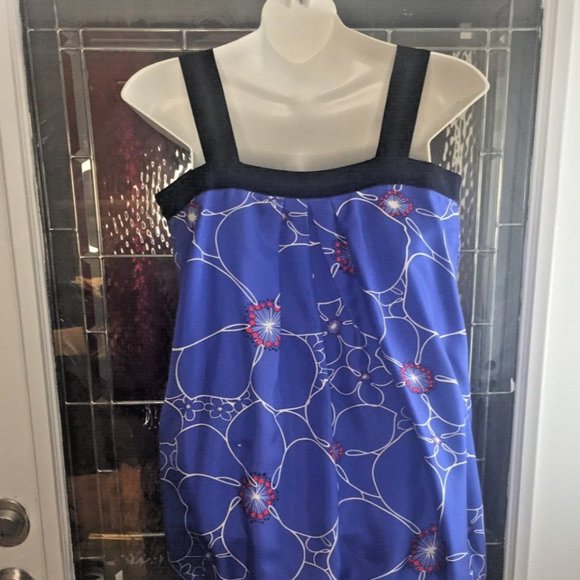 Tibi Royal Blue w red floral 100% Silk Dress Bubble Hem Spaghetti straps sz 6 - Picture 4 of 7